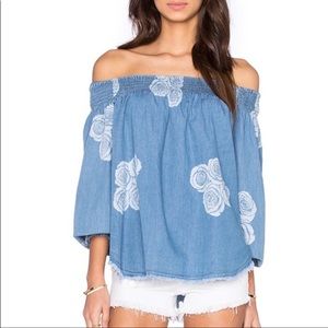 One Teaspoon Texas Sugar Off Shoulder Floral Denim Top Smocked Frayed Hem Small